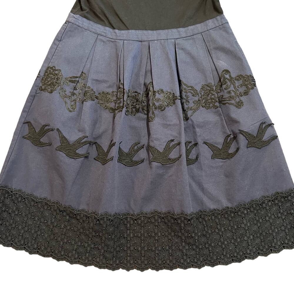 Anthro Leifnotes Womens dress black jersey, bird embellished navy skirt S - Picture 2 of 9